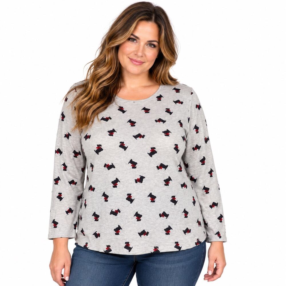 Croft & Barrow Womens Gray Scottie Dog Print Shirt Long Sleeve Top Large